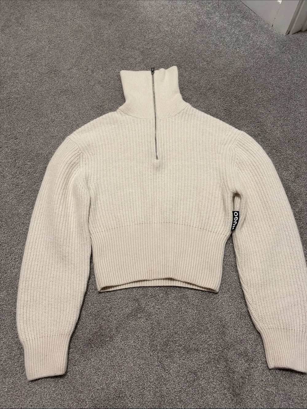 HUGO - Cream Cropped Zip Turtleneck Sweater